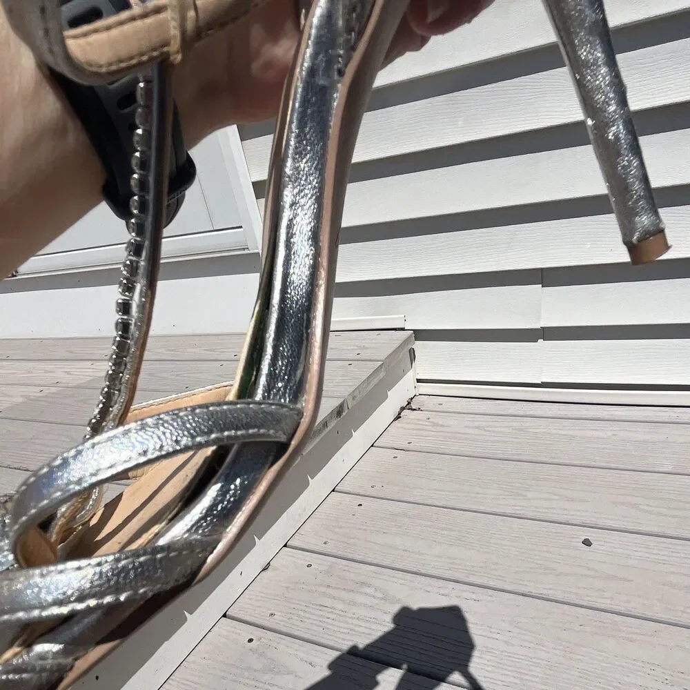 Jewel Badgley Mischka Silver Strappy Crystal Open Toe Stiletto Zip Heel US 10